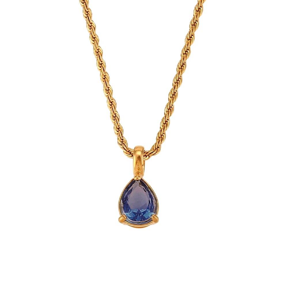 2022 Waterproof Fashion Birthstone Necklace Jewelry Gift For Women 12 Colors Zircon Waterdrop Pendant Necklace with Rope Chain