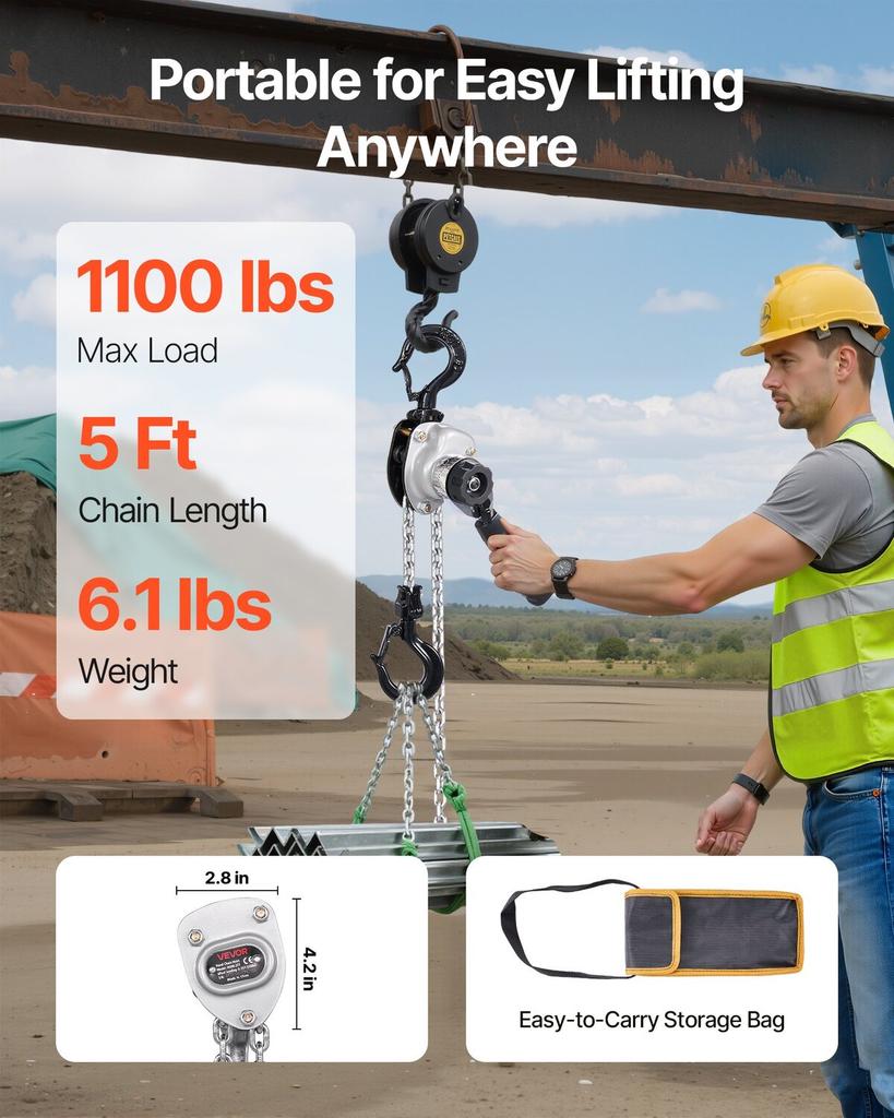 Manual Lever Chain Hoist, 1/2T 500KG Capacity Heavy Duty Come Along, 1.5M Lift G80 Alloy Steel Chain With Dual Pawl Mechanical Brake, 360° Rotating
