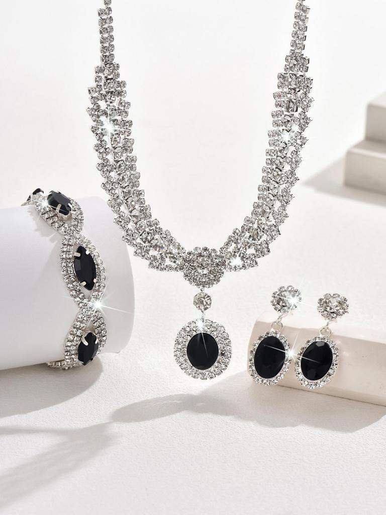Luxury European Retro Crystal Zirconia Geometric Jewelry Set: Necklace, Earrings, Bracelet