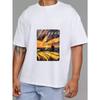 White T Shirt with Sunset Field and Poguva Text Print Casual Wear for Men and Women