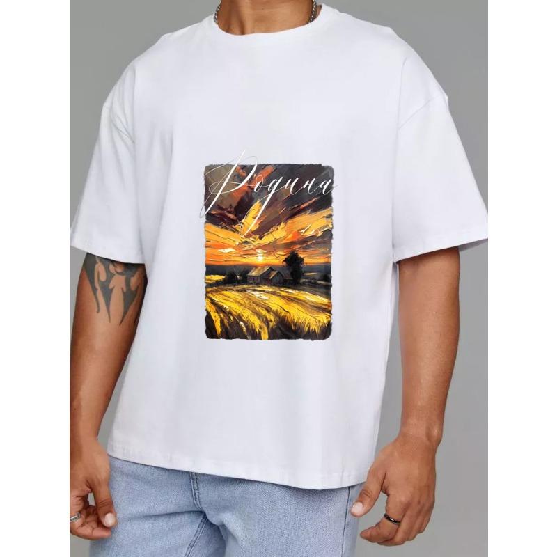 White T Shirt with Sunset Field and Poguva Text Print Casual Wear for Men and Women