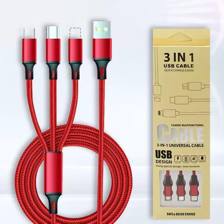 3-in-1 Nylon Braided Fast Charging Cable (2A) with Multi-Head for Mobile Phones. Nylon Braided One-to-Three [Bagged]