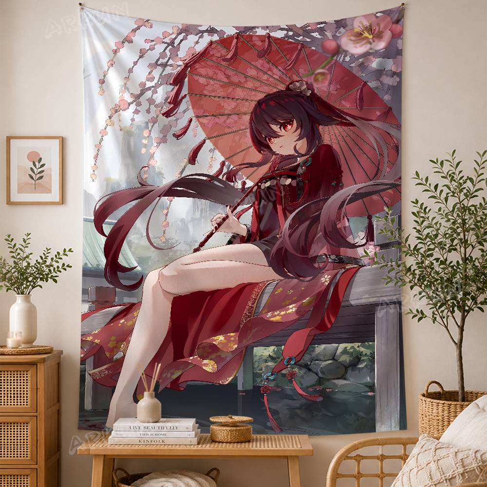 Pretty Girl Hu Tao Cool Genshin Impact Game tapestry wall hanging cute bedroom wall hanging living room decor for living room