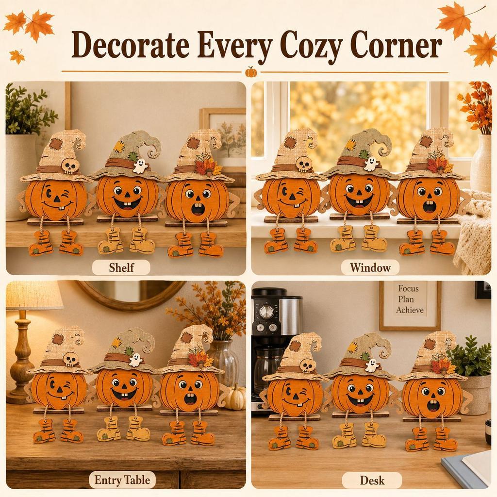 2D Flat 3Pcs Cute Halloween Wooden Pumpkin Sign Desk Tabletop Ornament Spooky Ghost Desktop Decor Festival Party Pack