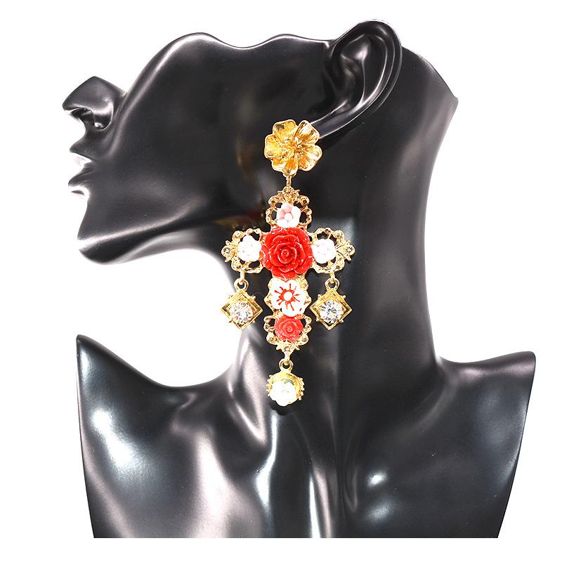 Boucles d'oreilles baroques de style rétro, boucles d'oreilles à pampilles, longues boucles d'oreilles tissées à la main en perles, boucles d'oreilles de style peinture à l'huile de palais