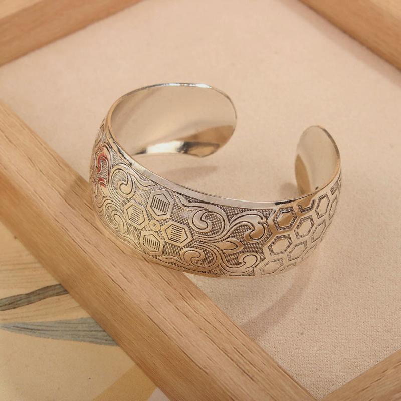 Bohemian Ethnic Style Retro Silver Wide Bracelet For Women Carved Flower Opening Fashionable Bracelet Boho Vintage Jewelry