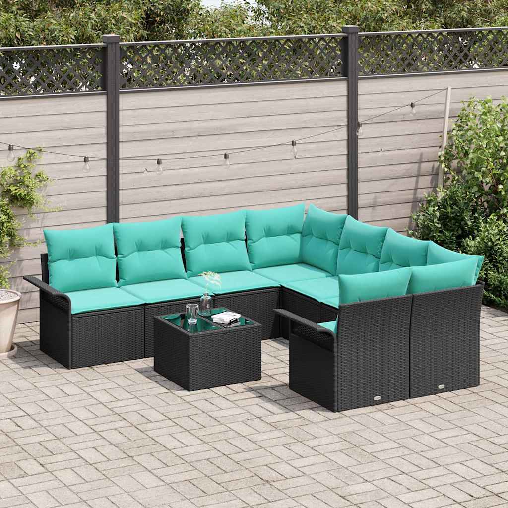 Garden Sofa Set with Cushions 9 pcs Black and Turquoise Poly Rattan