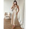 Women Champagne Solid Satin Beaded Halter Neck High Waist A Line Midi Dress