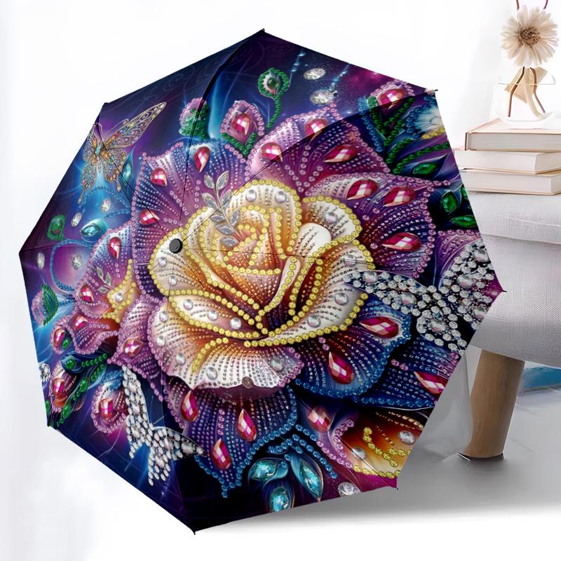 1pc Sturdy 8-Bone Auto Umbrella, Enchanted Rainbow Rose Umbrella, Digital Printed, Foldable Umbrella for On-the-Go Outdoor Use