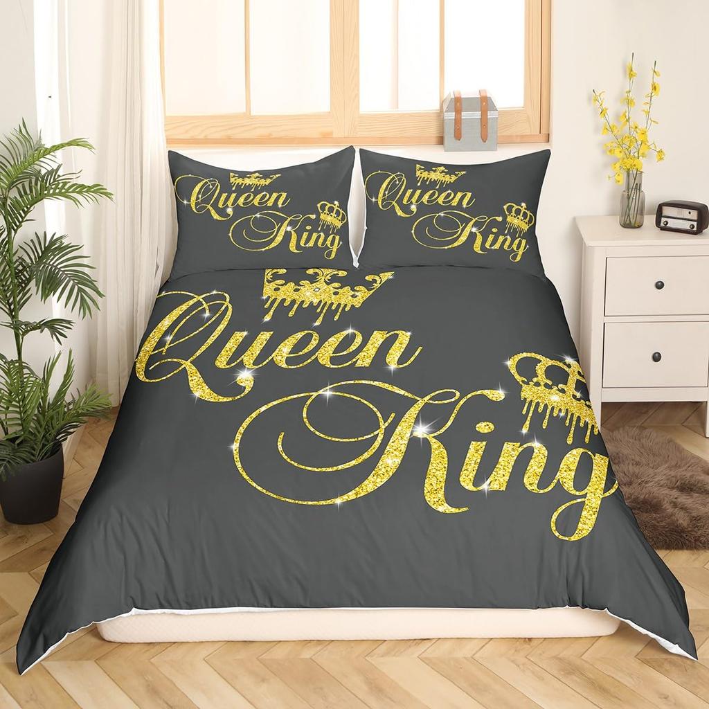 Crown Queen and King Couple Duvet Cover His and Hers Bedding Set Pink Comforter Cover Lover Romantic Valentine's Day Quilt Cover