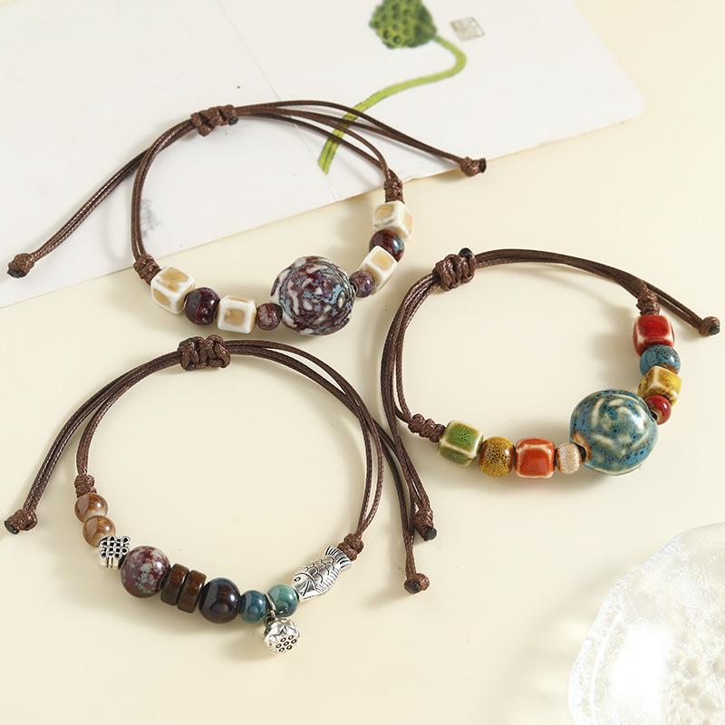 Ceramic Bracelet  A Stylish, Vintage Ethnic-style Handmade Woven Bracelet with String Beads.