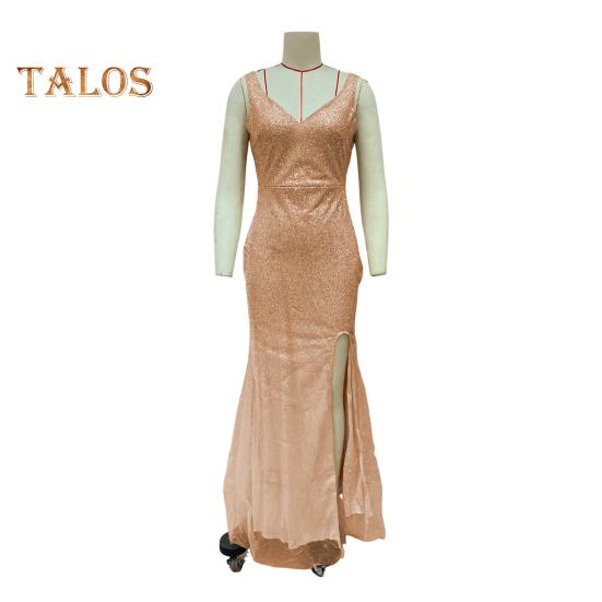 Vestido de noche para mujer, escote en V profundo, dobladillo dividido, lentejuelas, dobladillo ajustado de cola de pez, cierre de cremallera en la espalda, sin mangas, vestido de fiesta de cóctel, largo hasta el suelo, vestido de baile