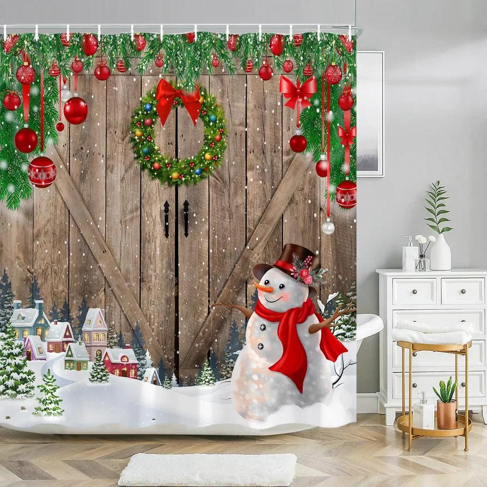 Xmas Decorative Shower Curtains Fireplace Christmas Tree Winter New Year Gift Bathroom Decor Fabric Bath Curtian Hanging