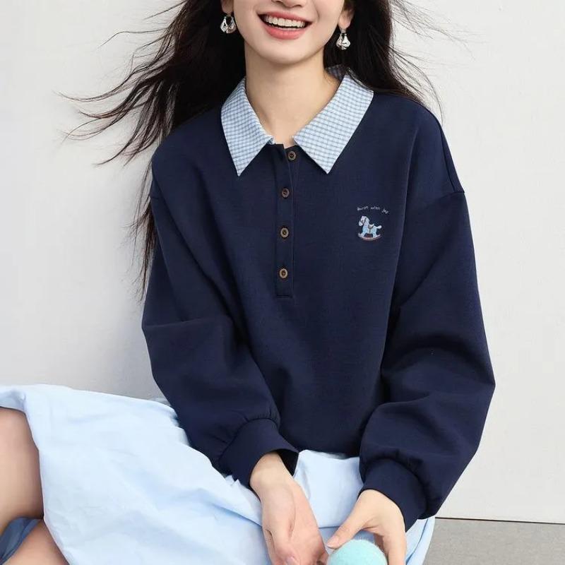 

Womens Contrast Gingham Collar Polo Neck Horse Embroidery Loose Sweatshirt M