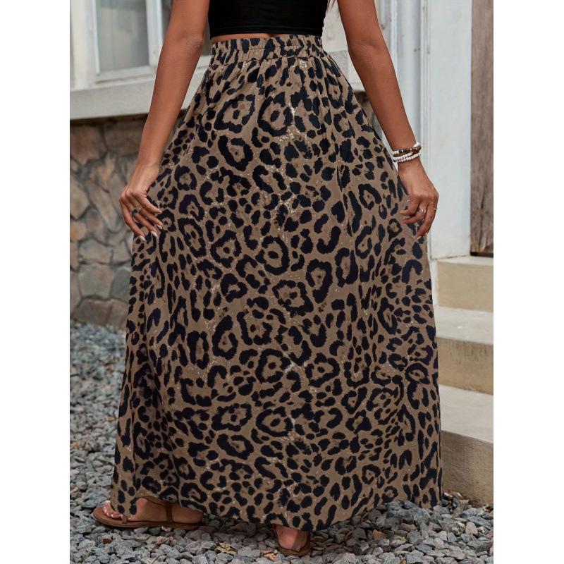 High-Waisted Leopard Print Slit Skirt