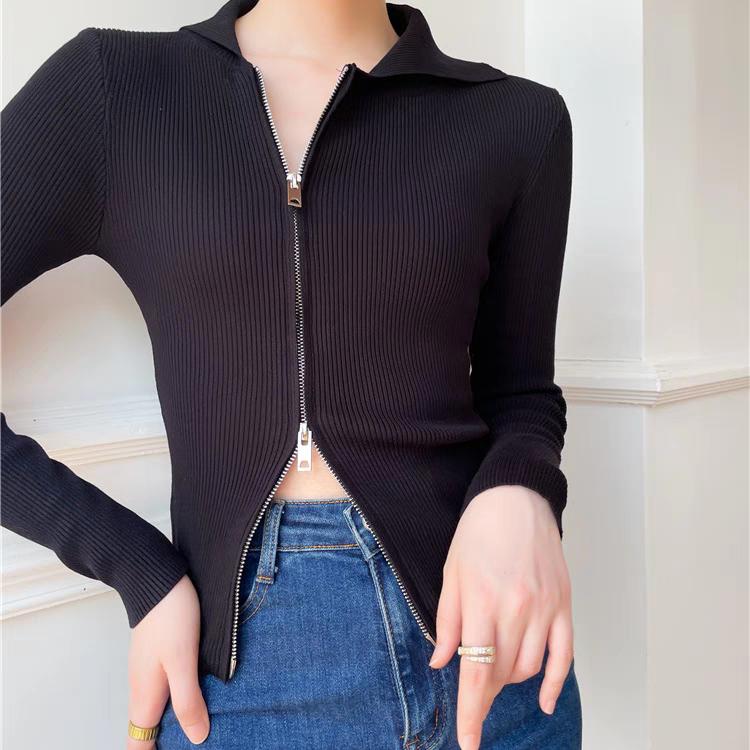Новый повседневный кардиган Y2K гранж тонкий вязаный свитер кардиган с застежкой-молнией топ с лацканами винтажный высокоэластичный тонкий джемпер Y2K одежда C-243 S чёрный 3343₽