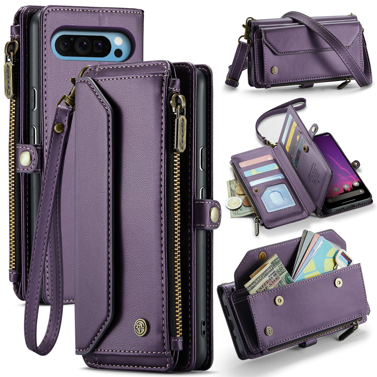 

For Google Pixel 10 Pro XL Leather Case CASEME C36 Zipper 10 Card Slots Phone Cover with Straps Purple