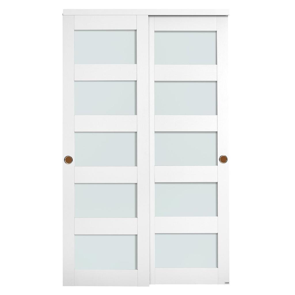 Sliding Closet Door, 1219mm (Double 635mm) x 2032 mm, 5-Lite Frosted Glass Bypass Sliding Doors with Hardware Kit, Solid Wood & MDF Slab with