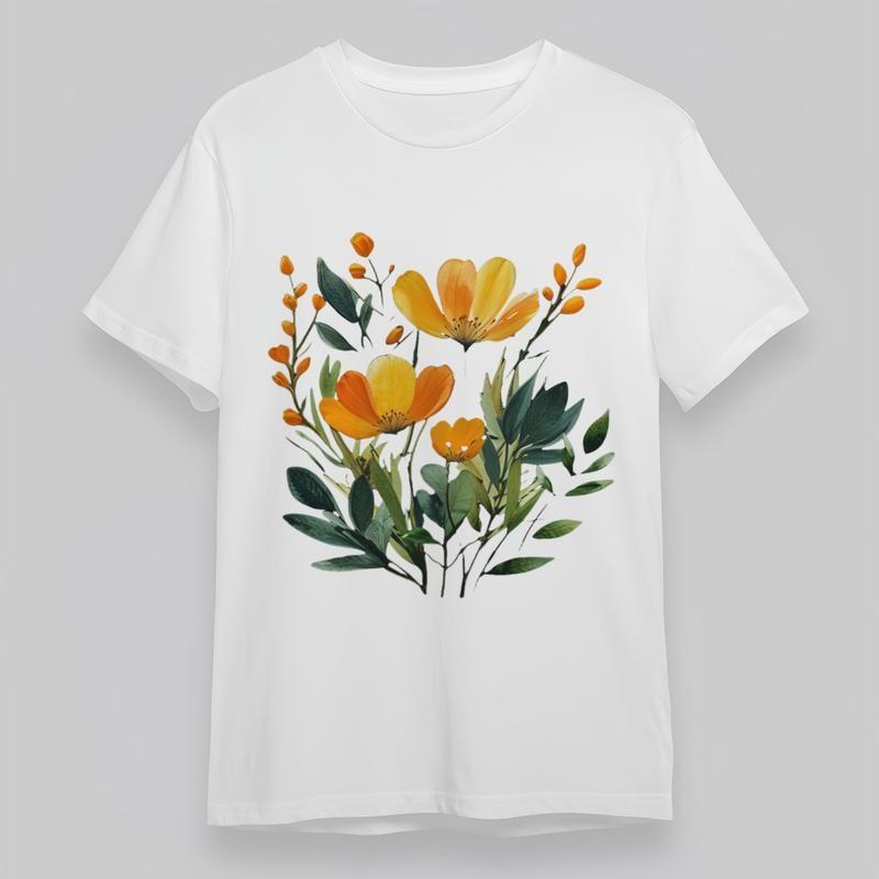 

Women s Plus Size Classic T-Shirt Yellow Flowers With Green Leaves Graphic Tee XL