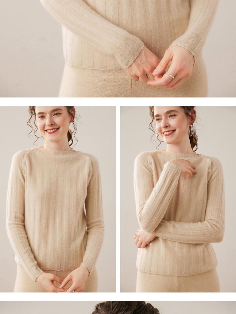 Gentle Temperament Women's Ribbed Cashmere Pullover - Versatile Autumn/Winter Sweater Top
