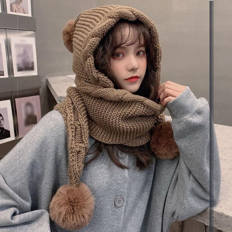 Women's Winter Hat Scarf Set Thermal Wool Pom Beanie&balaclava For Extreme Cold Versatile Hat With Attached Scarf Knitted Hat