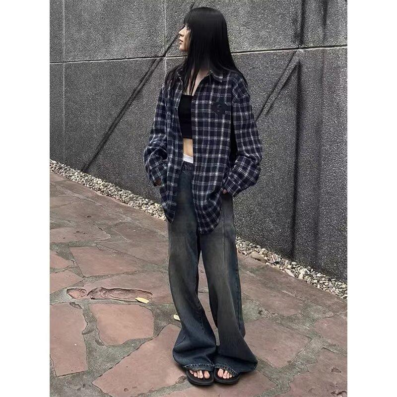American Plaid Shirt for Women Spring and Autumn New Plus Size Design Color Matching Long Sleeve High-Grade Couple Shirt Coat