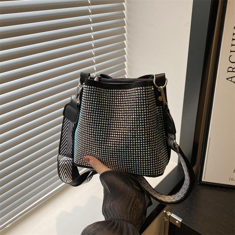 Stylish Fall Bucket Bag Sparkling Rhinestones Fashionable Commuter Shoulder Bag In Black Silver And Colorful Options