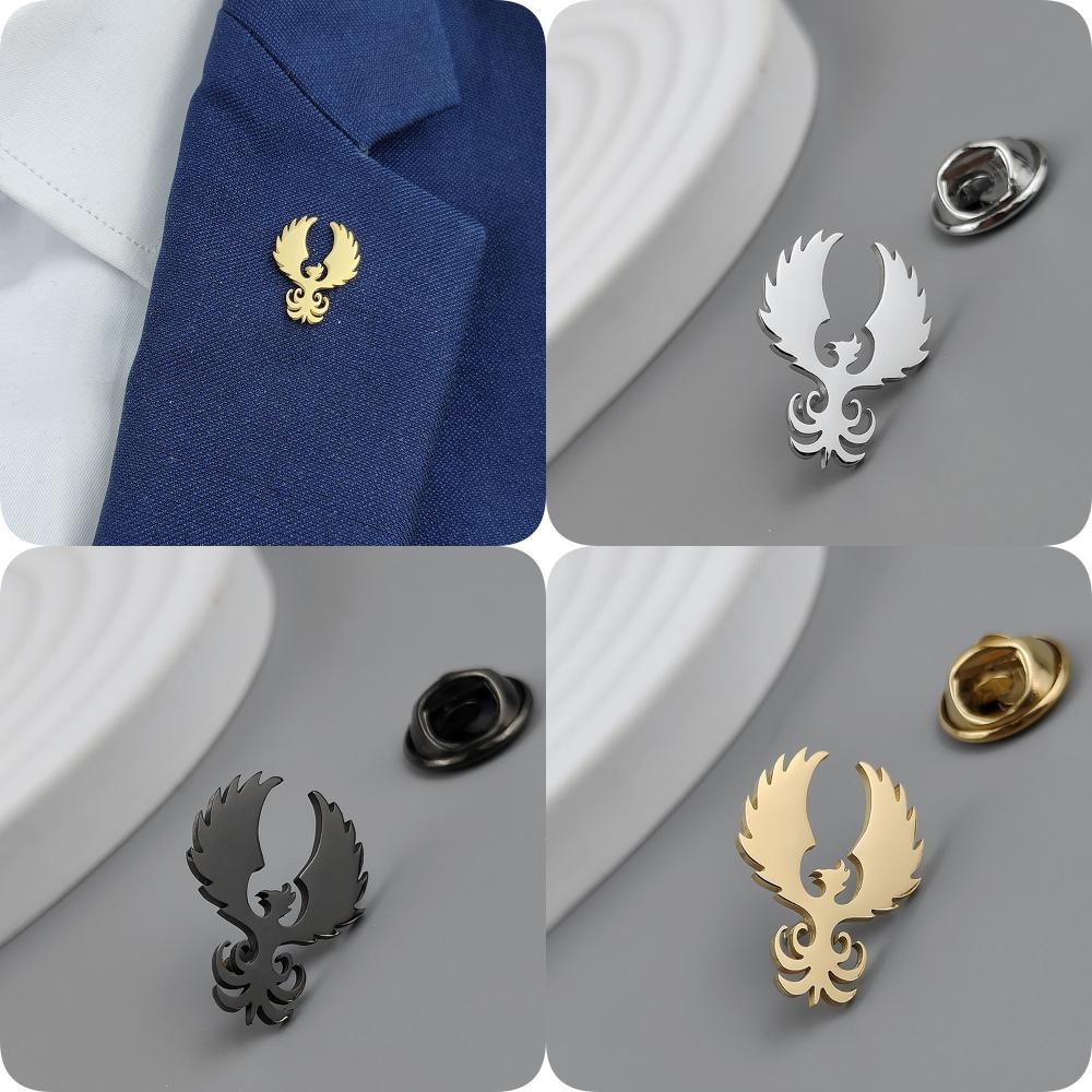 Retro Phoenix Male Brooches Gold Plated Stainless Steel Animal Lapel Pins Men's Jewelry Clothing Accessories Husband Gifts