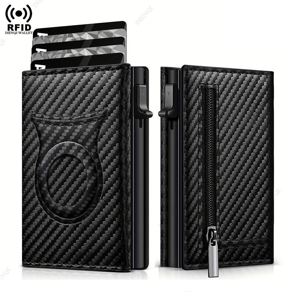 

RFID Men s Carbon Fiber Leather Trifold Wallet with Apple Airtag Holder and Magnetic Closure углеродного волокна черного