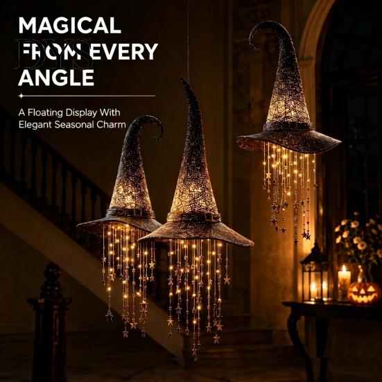 Trick or Treat Party Decorations Lighted Witch Hat Hanging Chime, LED Glowing Wizard with Sparkling Star String Lights Swinging Tassels, Indoor