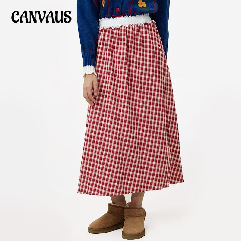 

Autumn Women s Check Printed Lace Splicing Lace-up Loose Casual Half-body Skirt L червоний