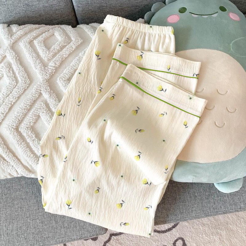 Women's Sweet Summer Pajama Set: Girly Gauze Short-Sleeve Top, Long Pants & Outerwear