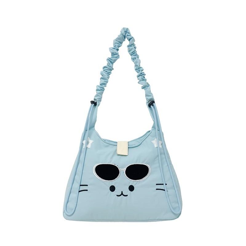 Korean Style Embroidered Cat Shoulder Bag With Nylon Material For Casual Daily Use