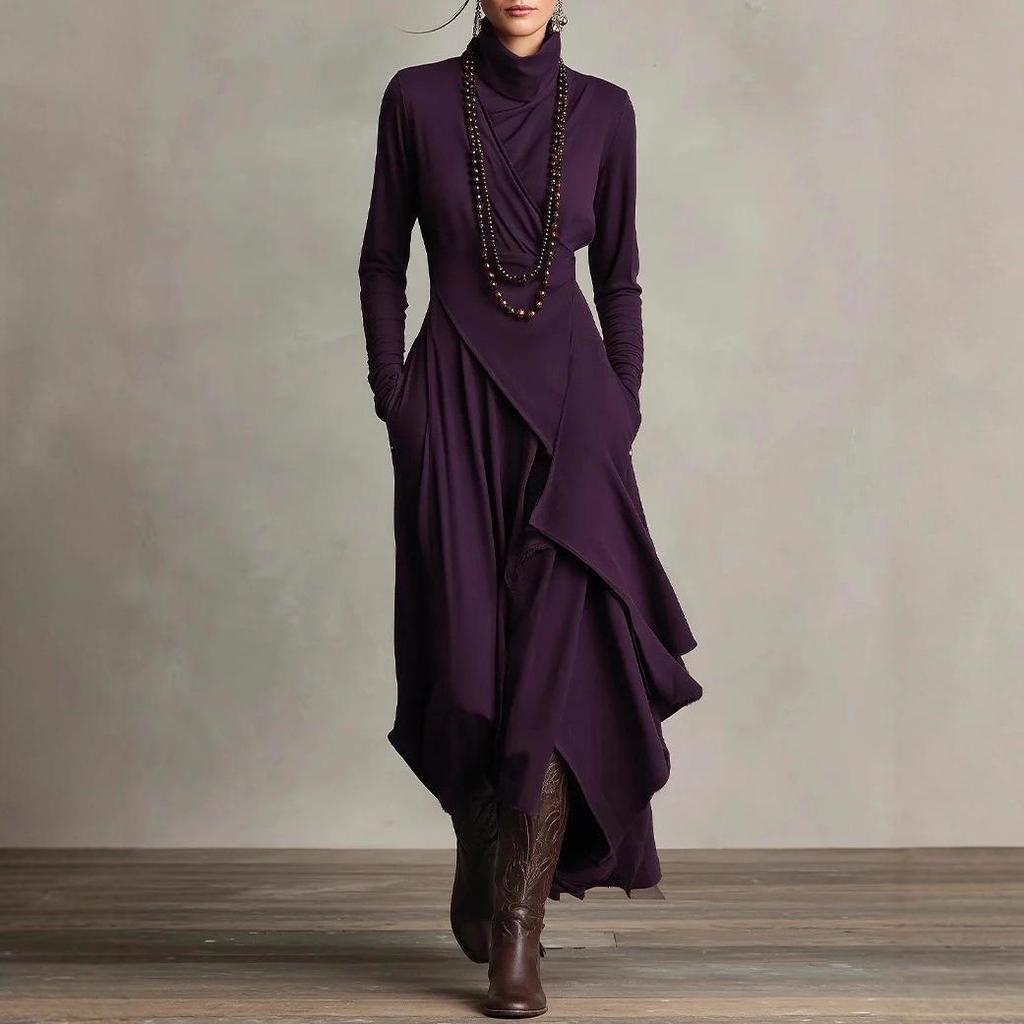 Women's Spring/Autumn High Neck Long Sleeve Solid Color Cross Dress, EU Size 2025.
