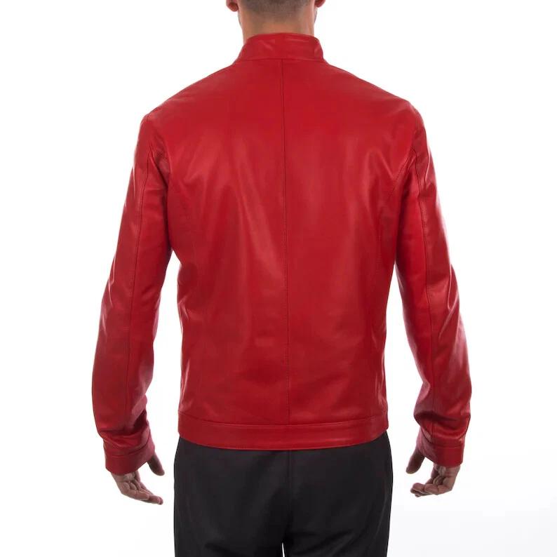 Stylish Jacket RED Men's Genuine Lambskin Soft Leather Handmade Casual Biker