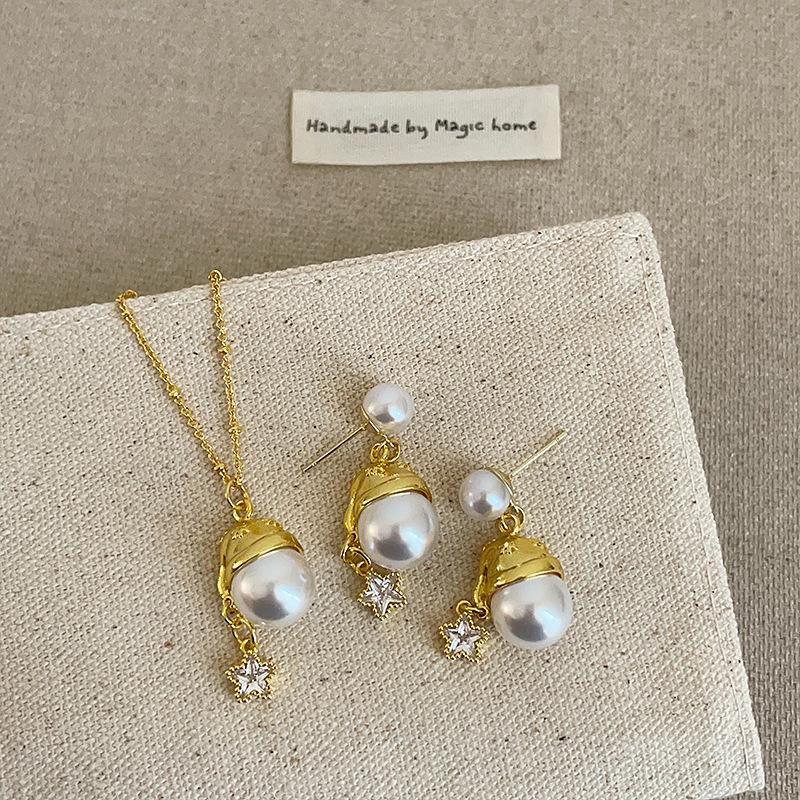 Ambience Golden Christmas Hat Pearl Pendant Necklace Stud Earrings Female Gentle Sweet Versatile Neck Chain Sweater Chain
