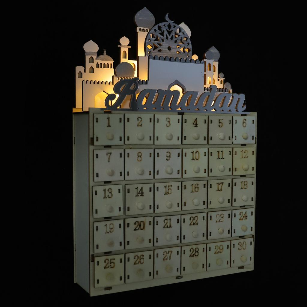 30-Day Ramadan Wooden Countdown Calendar with LED Lights Middle Eastern Castle Silhouette Eid Mubarak Festival Decor Home