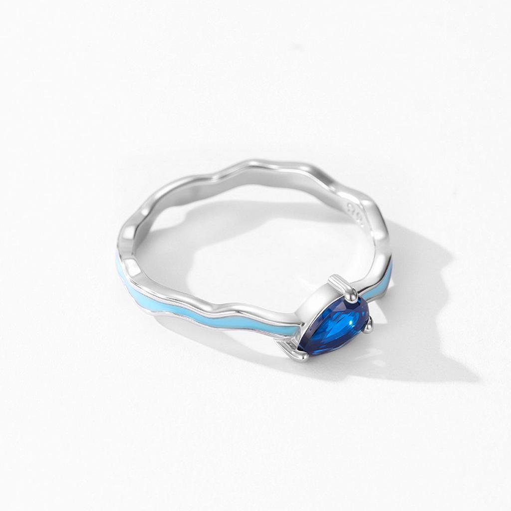 Women's Retro S925 Silver Sapphire Teardrop Ring: Luxury Blue Enamel Geometric Design for Index Finger