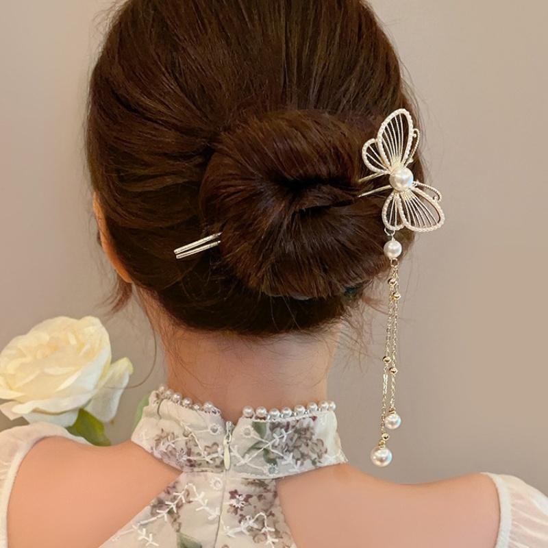 Classic Chinese Butterfly Pearl Tassel Hair Stick for Women Handmade Metal Hairpins Charm Jewelry Accessories Styling Tools
