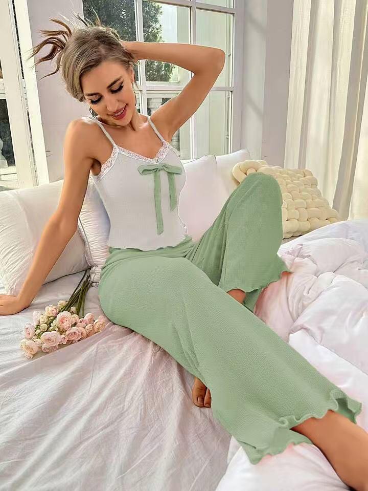 

Сладкий пижамный комплект с кружевной отделкой: Женские брюки с круглым вырезом для осени и весны, в европейско-американском стиле Triple Extra Large