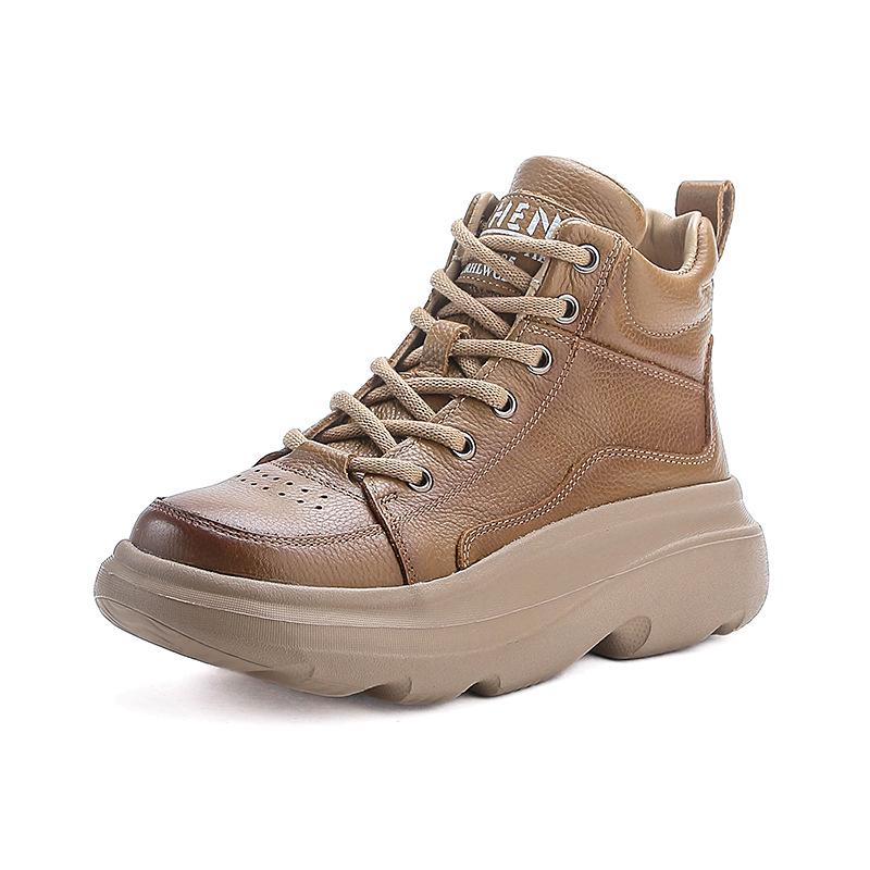 Dame Vintage Kuskinn Høye Ankelstøvletter med Tykk Såle og Rund Tå - Høst/Vinter Kolleksjon.