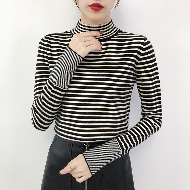 Autumn Winter New Half High Collar Striped Knitted Bottom Shirt Women's Loose Inner Pullover Sweater Top