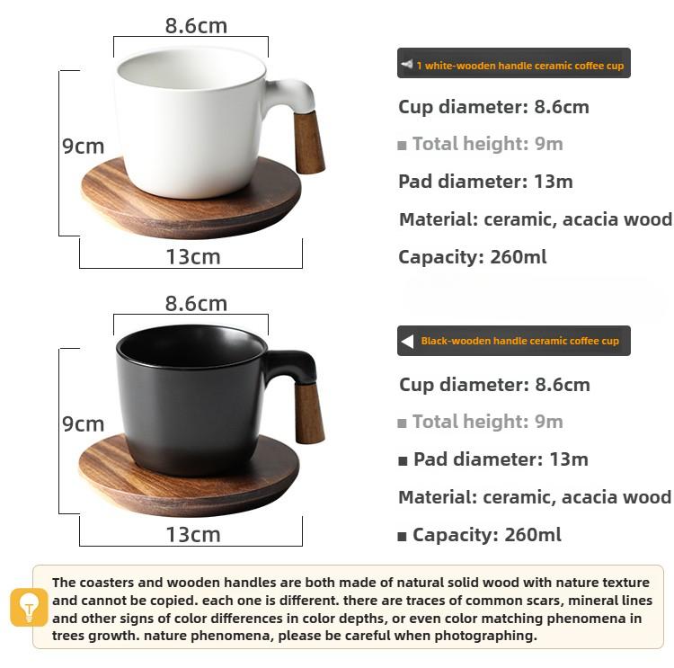 Creative Wood Handle Ceramic Coffee Cup Saucer Afternoon Tea Black Tea Cup with Wooden Pad Matte