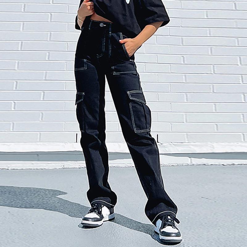 Mode Lose Frauen Cargo Jeans Hohe Taille Streetwear Taschen Breite Bein Arbeit Hosen Herbst Frühling Casual Baggy Lange Hosen Frauen Hosen 1349