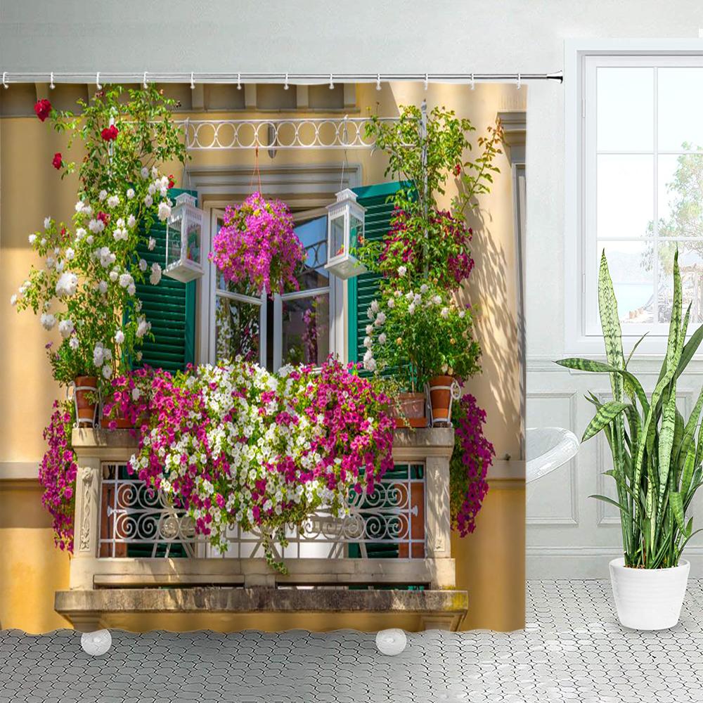 Spring Rural Landscape Shower Curtains Set Pink Flowers Tree Forest Natural Floral Green Plant Scenery With Hooks Bathroom Decor