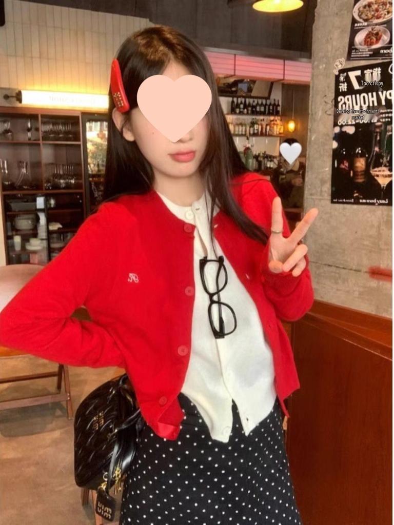 Women's Korean-Style Red Cardigan Sweater Coat - Loose Slimming Knit Top for Spring & Autumn 2025