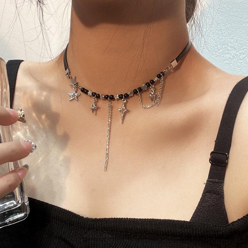 Punk Star Pentagram Necklace for Women Fashion Inlaid Rhinestone Tassels Choker Black Rope Necklace Y2K Style Accessories Gifts