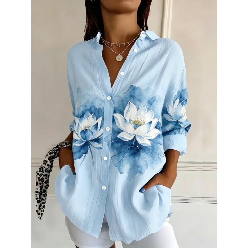 Women's Long Sleeve Watercolor Floral Print Button Down Casual Shirt Elegant Daily Blouse Tops in White for Spring Summer