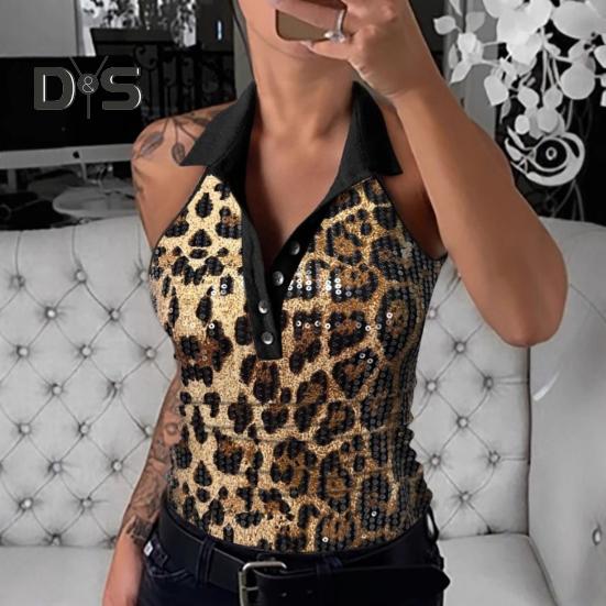 Women Vest Lapel V-Neck Sleeveless Off Shoulder Tops Shiny Sequins Tank Tops Holidays Parties Clubs Wear