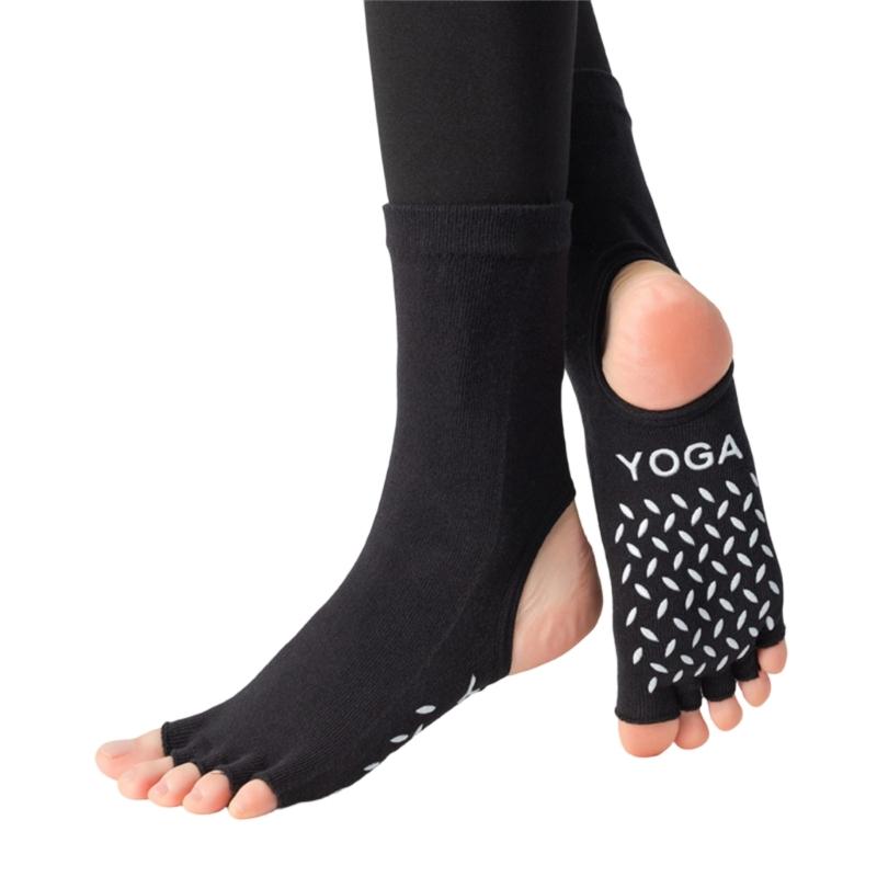 Split Toe Nonslip Exercise Socks with Silicone Traction and Middle Calf Coverage Open Heel Yoga Pilates Socks for Women чёрный